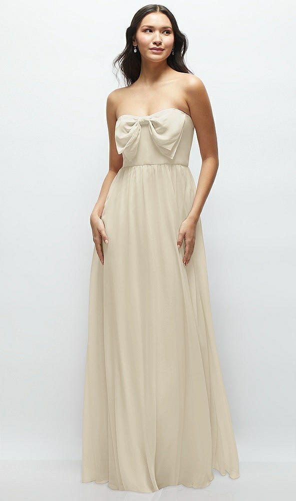 Front View - Champagne Strapless Chiffon Maxi Dress with Oversized Bow Bodice