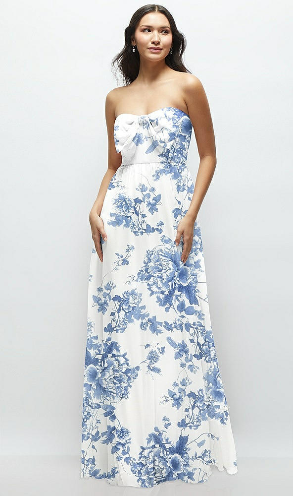 Front View - Cottage Rose Dusk Blue Strapless Chiffon Maxi Dress with Oversized Bow Bodice