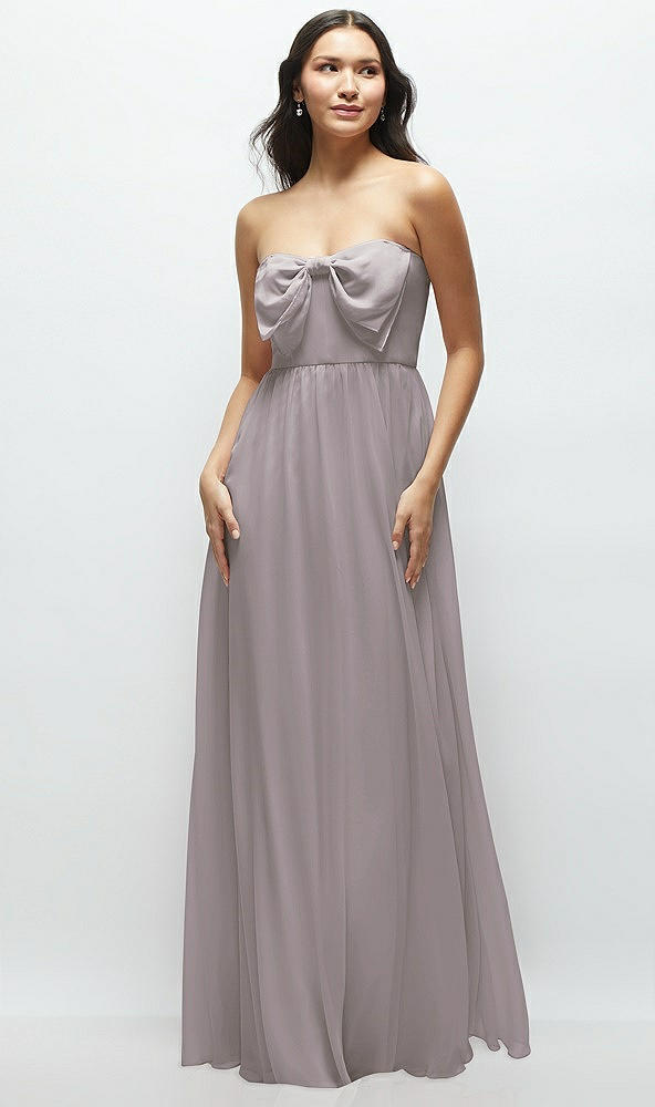 Front View - Cashmere Gray Strapless Chiffon Maxi Dress with Oversized Bow Bodice