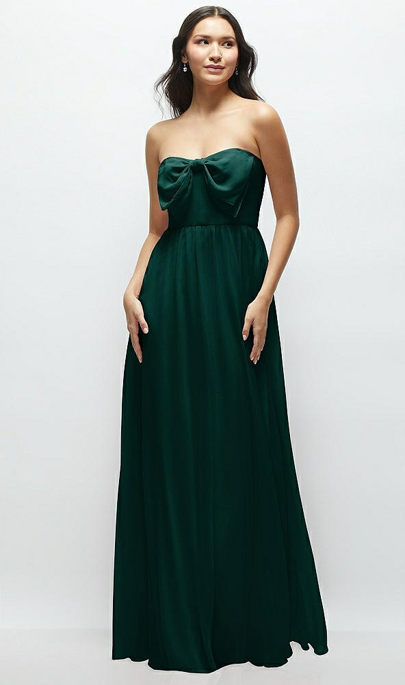 Front View - Evergreen Strapless Chiffon Maxi Dress with Oversized Bow Bodice