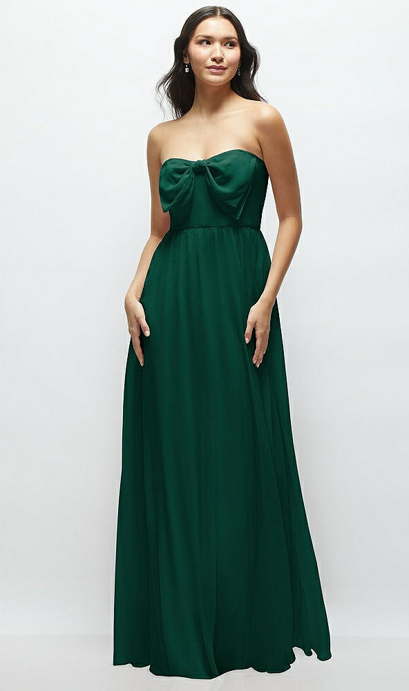 Front View - Hunter Green Strapless Chiffon Maxi Dress with Oversized Bow Bodice