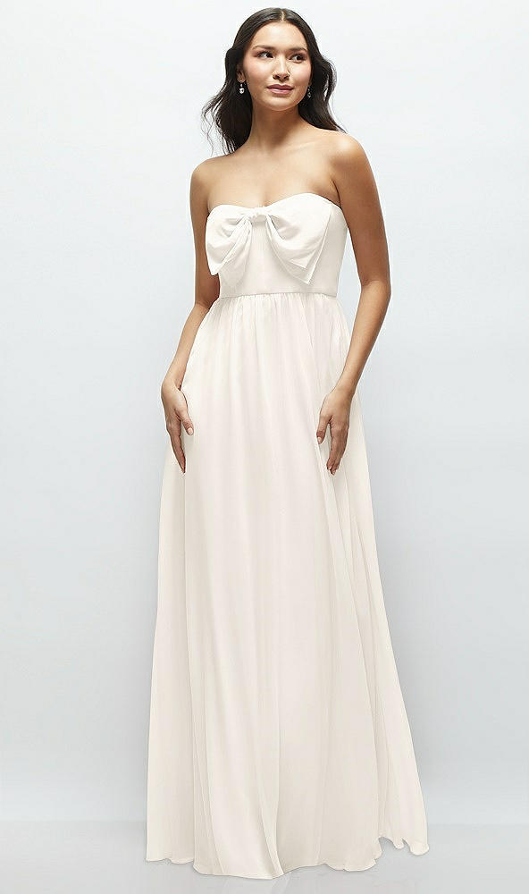 Front View - Ivory Strapless Chiffon Maxi Dress with Oversized Bow Bodice