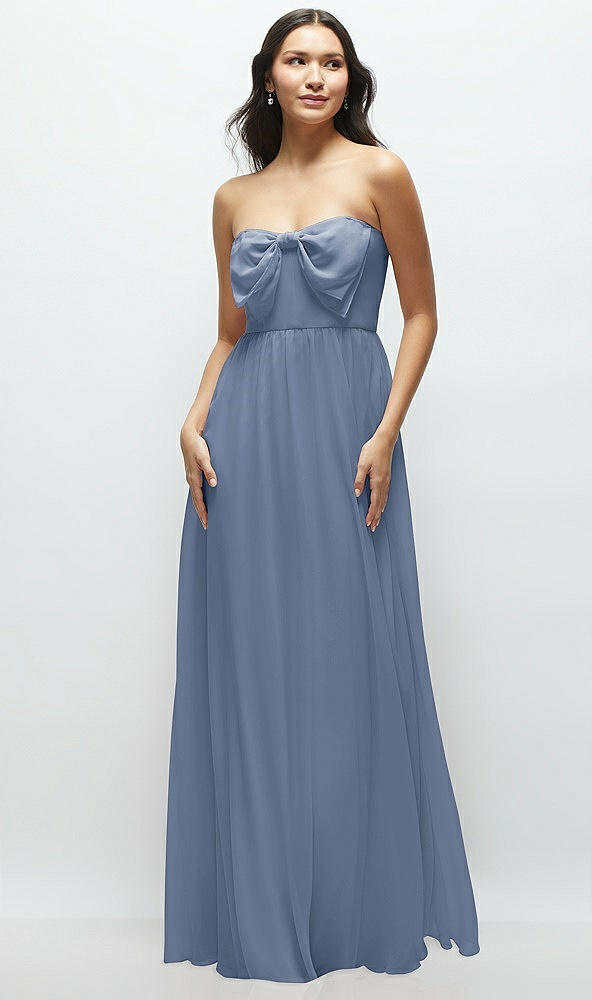 Front View - Larkspur Blue Strapless Chiffon Maxi Dress with Oversized Bow Bodice