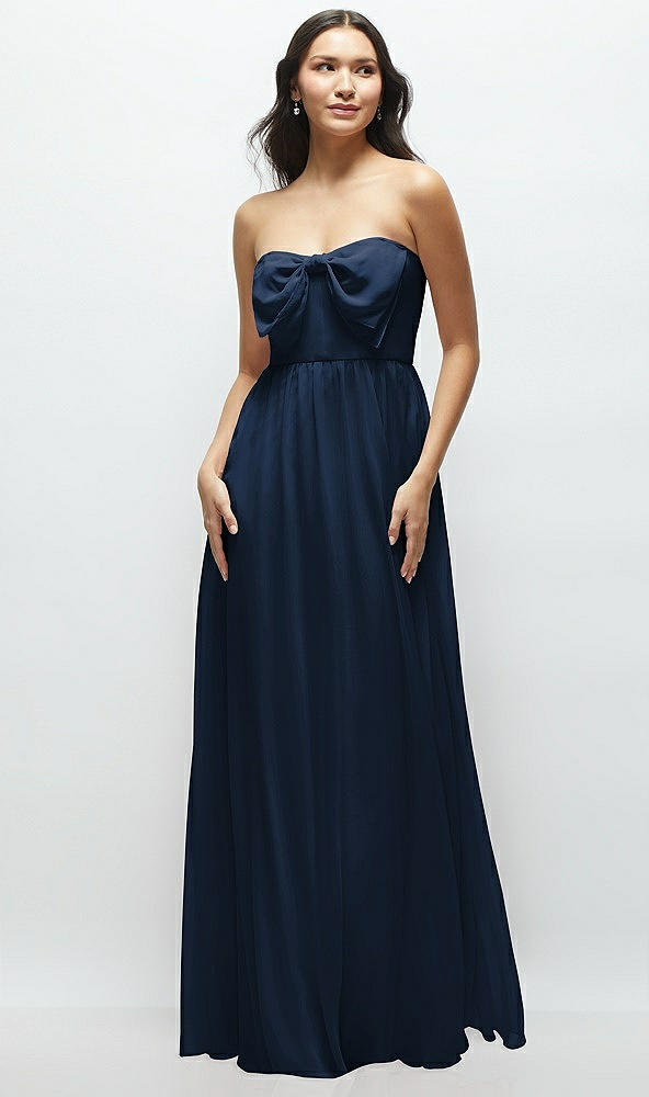 Front View - Midnight Navy Strapless Chiffon Maxi Dress with Oversized Bow Bodice