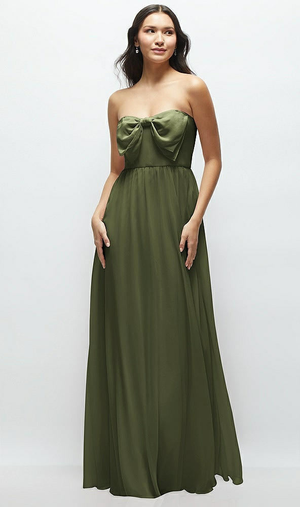 Front View - Olive Green Strapless Chiffon Maxi Dress with Oversized Bow Bodice