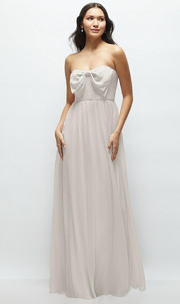 Front View - Oyster Strapless Chiffon Maxi Dress with Oversized Bow Bodice