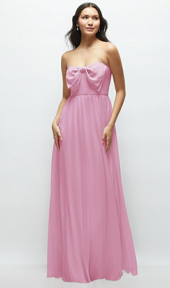 Front View - Powder Pink Strapless Chiffon Maxi Dress with Oversized Bow Bodice