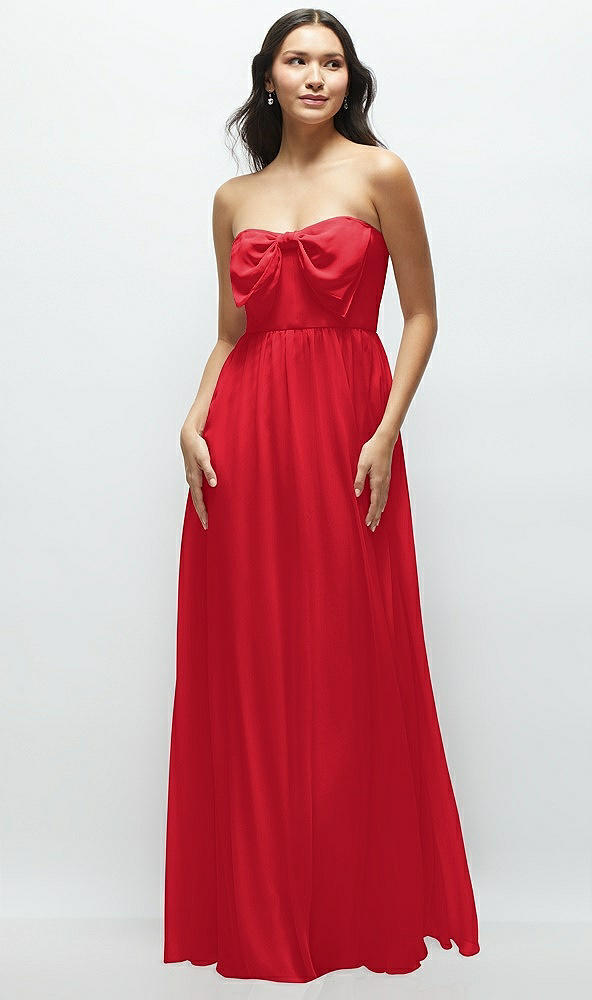 Front View - Parisian Red Strapless Chiffon Maxi Dress with Oversized Bow Bodice