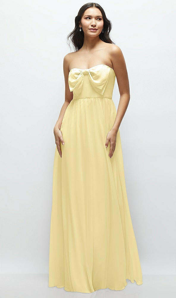 Front View - Pale Yellow Strapless Chiffon Maxi Dress with Oversized Bow Bodice