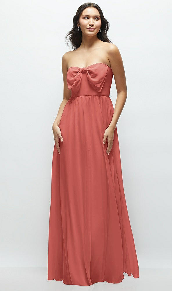 Front View - Coral Pink Strapless Chiffon Maxi Dress with Oversized Bow Bodice