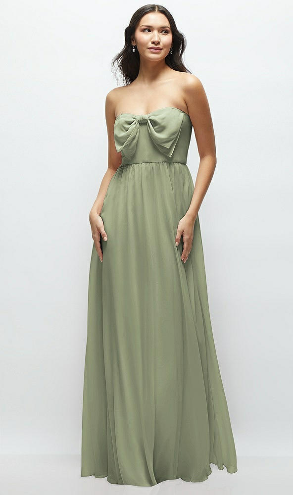 Front View - Sage Strapless Chiffon Maxi Dress with Oversized Bow Bodice