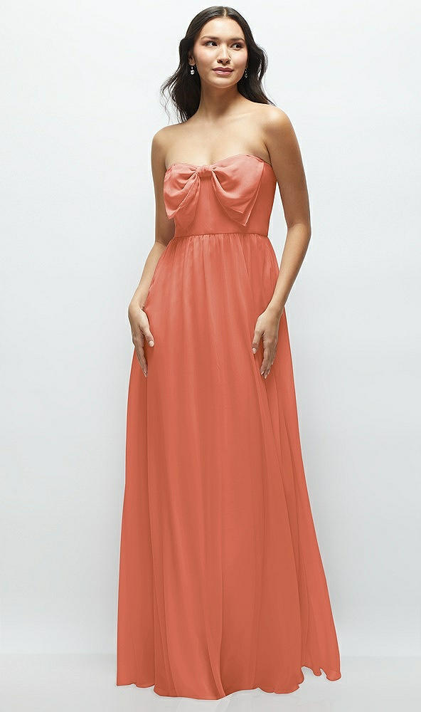 Front View - Terracotta Copper Strapless Chiffon Maxi Dress with Oversized Bow Bodice