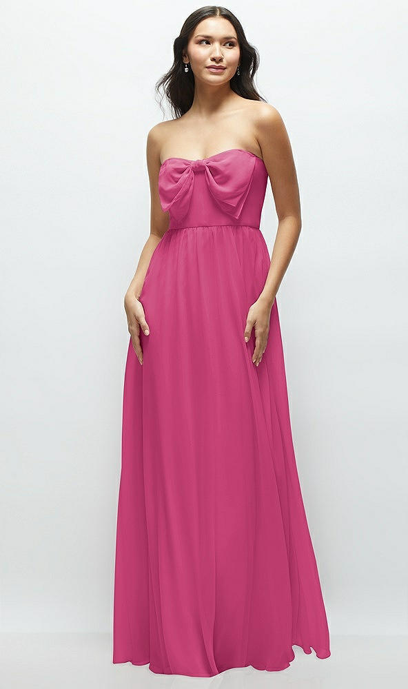 Front View - Tea Rose Strapless Chiffon Maxi Dress with Oversized Bow Bodice