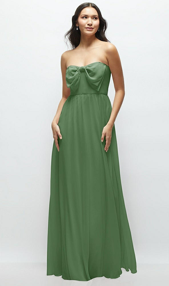 Front View - Vineyard Green Strapless Chiffon Maxi Dress with Oversized Bow Bodice