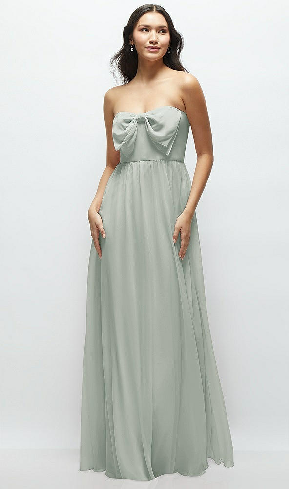 Front View - Willow Green Strapless Chiffon Maxi Dress with Oversized Bow Bodice