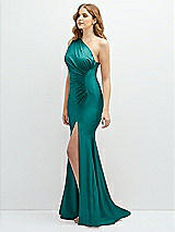 Side View Thumbnail - Peacock Teal Asymmetrical Open-Back One-Shoulder Stretch Satin Mermaid Dress