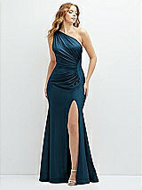 Front View Thumbnail - Atlantic Blue Asymmetrical Open-Back One-Shoulder Stretch Satin Mermaid Dress