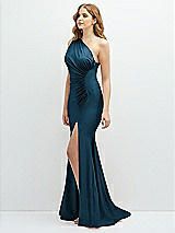 Side View Thumbnail - Atlantic Blue Asymmetrical Open-Back One-Shoulder Stretch Satin Mermaid Dress