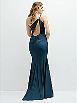 Rear View Thumbnail - Atlantic Blue Asymmetrical Open-Back One-Shoulder Stretch Satin Mermaid Dress