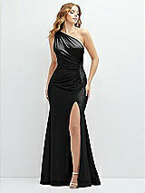 Front View Thumbnail - Black Asymmetrical Open-Back One-Shoulder Stretch Satin Mermaid Dress