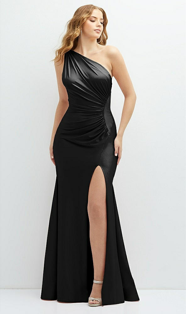 Front View - Black Asymmetrical Open-Back One-Shoulder Stretch Satin Mermaid Dress