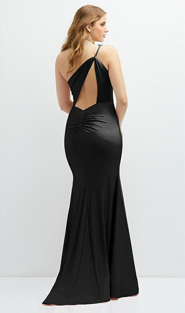 Back View - Black Asymmetrical Open-Back One-Shoulder Stretch Satin Mermaid Dress
