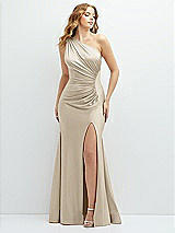 Front View Thumbnail - Champagne Asymmetrical Open-Back One-Shoulder Stretch Satin Mermaid Dress