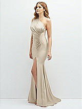Side View Thumbnail - Champagne Asymmetrical Open-Back One-Shoulder Stretch Satin Mermaid Dress