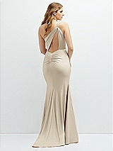 Rear View Thumbnail - Champagne Asymmetrical Open-Back One-Shoulder Stretch Satin Mermaid Dress