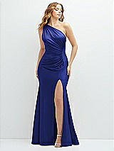 Front View Thumbnail - Cobalt Blue Asymmetrical Open-Back One-Shoulder Stretch Satin Mermaid Dress