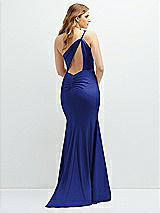 Rear View Thumbnail - Cobalt Blue Asymmetrical Open-Back One-Shoulder Stretch Satin Mermaid Dress