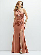 Front View Thumbnail - Copper Penny Asymmetrical Open-Back One-Shoulder Stretch Satin Mermaid Dress