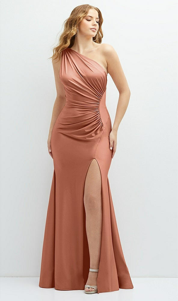 Front View - Copper Penny Asymmetrical Open-Back One-Shoulder Stretch Satin Mermaid Dress