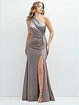 Front View Thumbnail - Cashmere Gray Asymmetrical Open-Back One-Shoulder Stretch Satin Mermaid Dress