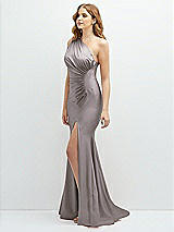 Side View Thumbnail - Cashmere Gray Asymmetrical Open-Back One-Shoulder Stretch Satin Mermaid Dress