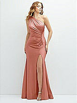 Front View Thumbnail - Desert Rose Asymmetrical Open-Back One-Shoulder Stretch Satin Mermaid Dress