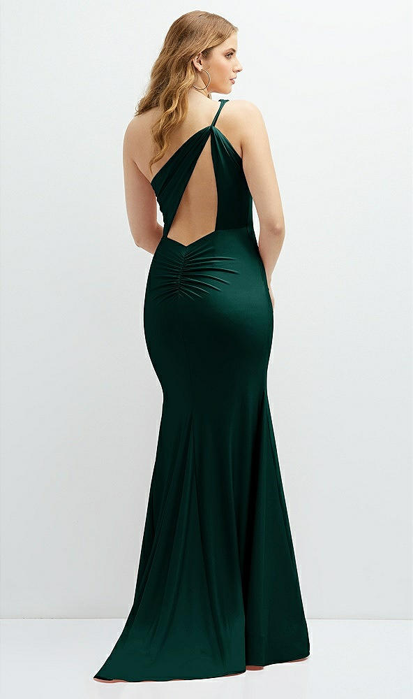 Back View - Evergreen Asymmetrical Open-Back One-Shoulder Stretch Satin Mermaid Dress
