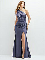 Front View Thumbnail - French Blue Asymmetrical Open-Back One-Shoulder Stretch Satin Mermaid Dress
