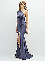 Side View Thumbnail - French Blue Asymmetrical Open-Back One-Shoulder Stretch Satin Mermaid Dress