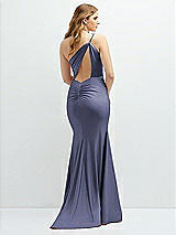 Rear View Thumbnail - French Blue Asymmetrical Open-Back One-Shoulder Stretch Satin Mermaid Dress