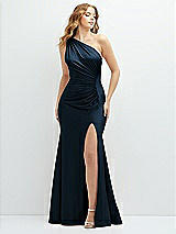 Front View Thumbnail - Midnight Navy Asymmetrical Open-Back One-Shoulder Stretch Satin Mermaid Dress