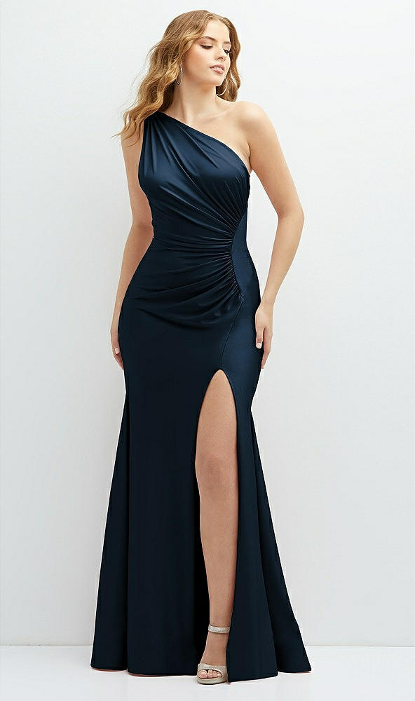 Front View - Midnight Navy Asymmetrical Open-Back One-Shoulder Stretch Satin Mermaid Dress