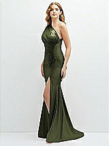 Alt View 1 Thumbnail - Olive Green Asymmetrical Open-Back One-Shoulder Stretch Satin Mermaid Dress
