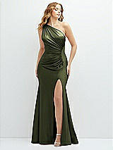 Front View Thumbnail - Olive Green Asymmetrical Open-Back One-Shoulder Stretch Satin Mermaid Dress