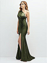 Side View Thumbnail - Olive Green Asymmetrical Open-Back One-Shoulder Stretch Satin Mermaid Dress