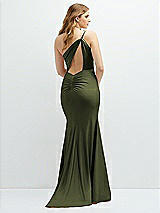 Rear View Thumbnail - Olive Green Asymmetrical Open-Back One-Shoulder Stretch Satin Mermaid Dress
