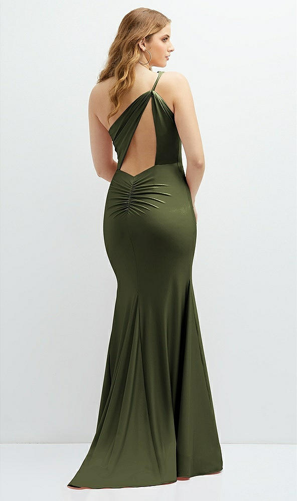 Back View - Olive Green Asymmetrical Open-Back One-Shoulder Stretch Satin Mermaid Dress