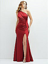 Front View Thumbnail - Poppy Red Asymmetrical Open-Back One-Shoulder Stretch Satin Mermaid Dress