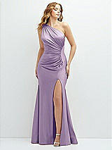 Front View Thumbnail - Pale Purple Asymmetrical Open-Back One-Shoulder Stretch Satin Mermaid Dress