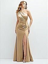 Front View Thumbnail - Soft Gold Asymmetrical Open-Back One-Shoulder Stretch Satin Mermaid Dress